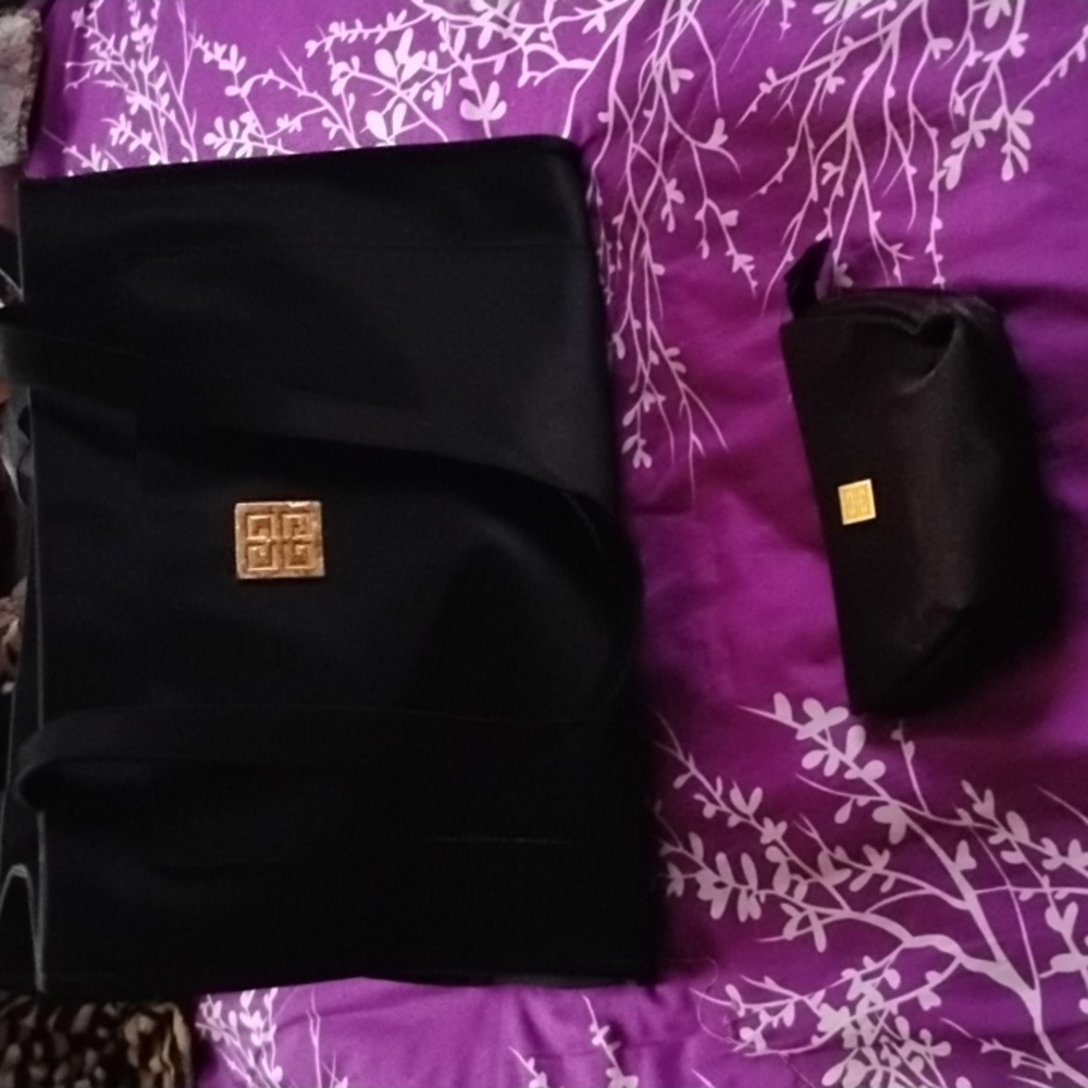 Givenchy Parfums Black large Tote Bag#free pouch Gold Signature Logo Accents